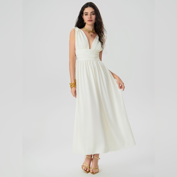 Cider V-Neck Ruffle Backless Maxi Dress, White, Size XS - Picture 1 of 12